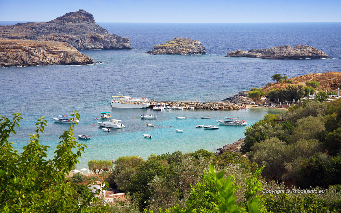 Greece, Rhodes. Aerial view on St. Paul's bay in Lindos.