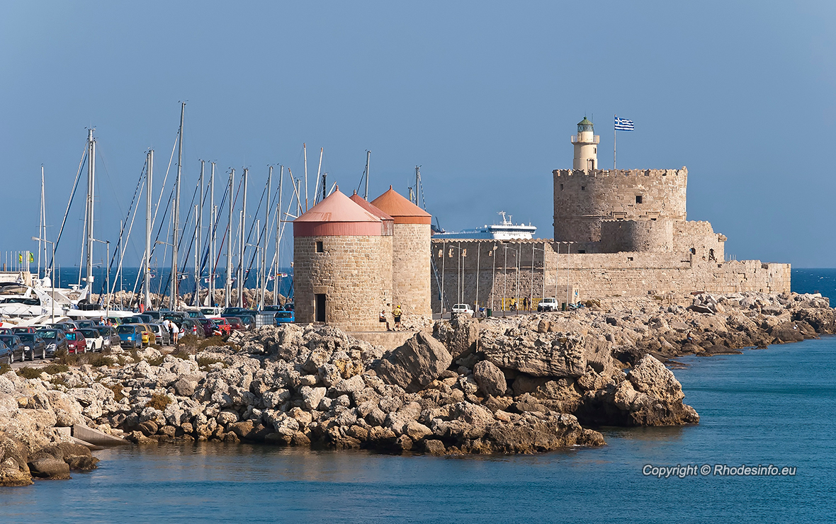 Rhodes Landmark Mandraki Port. Greece. Traditional Greek windmills