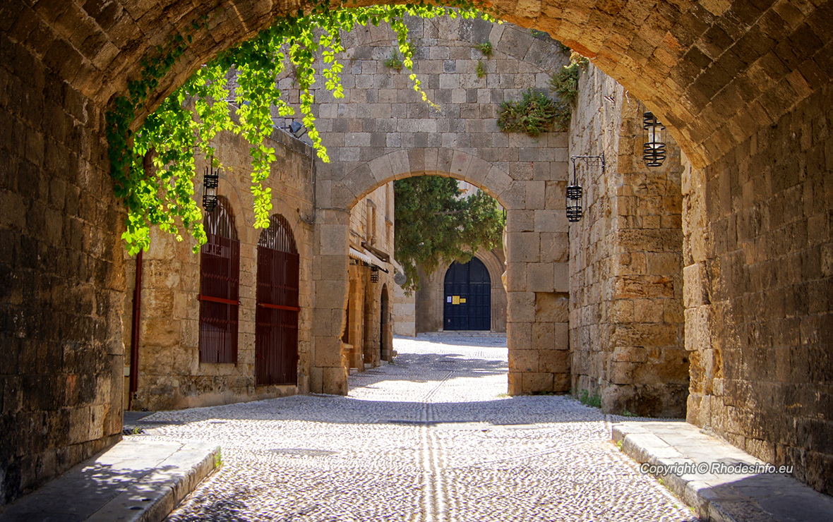 Medieval arched street in the old town of Rhodes, Greece